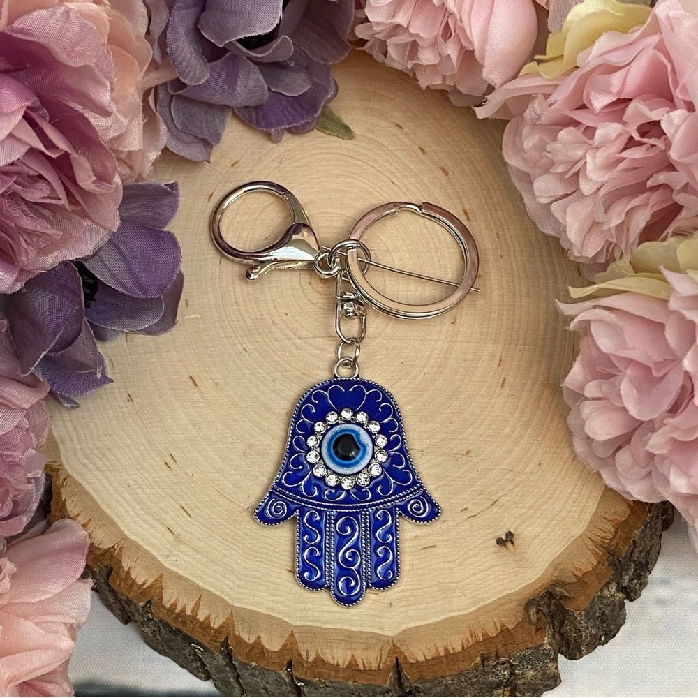 Bohemian Blue Crystal Hamsa Hand with Evil Eye Keychain - Picture 5 of 13